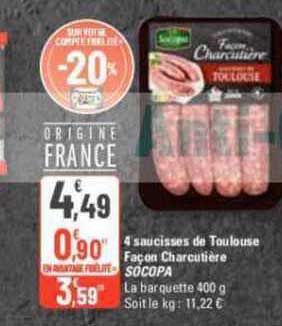 4 saucisses de toulouse façon charcutière socopa