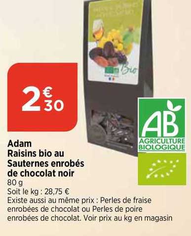 adam raisins bio au sauternes enrobés de chocolat noir