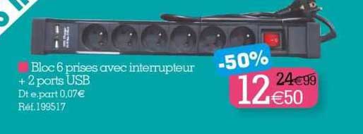 bloc 6 prises avec interrupteur + 2 ports usb
