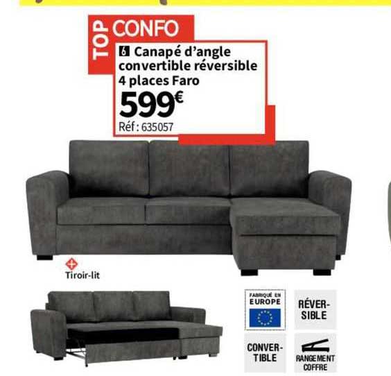 Canapé D'angle Convertible Réversible 4 Places Faro