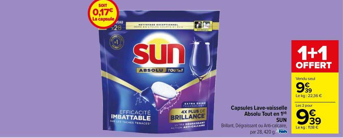 capsules lave-vaisselle absolu tout en 1 sun