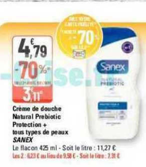 crème de douche natural prebiotic protection+ bous types de peaux sanex