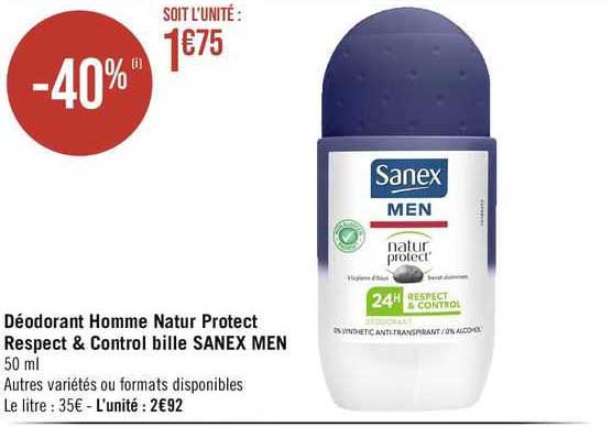 déodorant homme natur protect respect & control bille sanex men