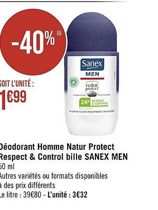 Déodorant Homme Nature Protect Respect & Control Bille Sanex Men