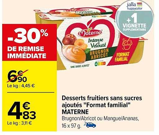 desserts fruitiers sans sucres ajoutés "format familial" materne