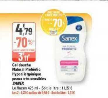 gel douche natural prebiotic hypoallergénique peaux très sensibles sanex