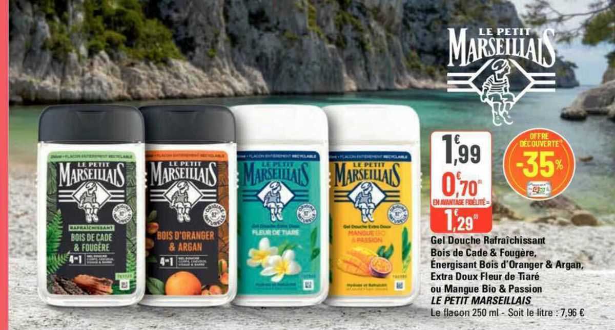 gel douche rafraîchissant bois de cade & fougère, argan, énergisant bois d'oranger & argan, extra doux fleur de tiaré ou mangue bio & passion le petit marseillais