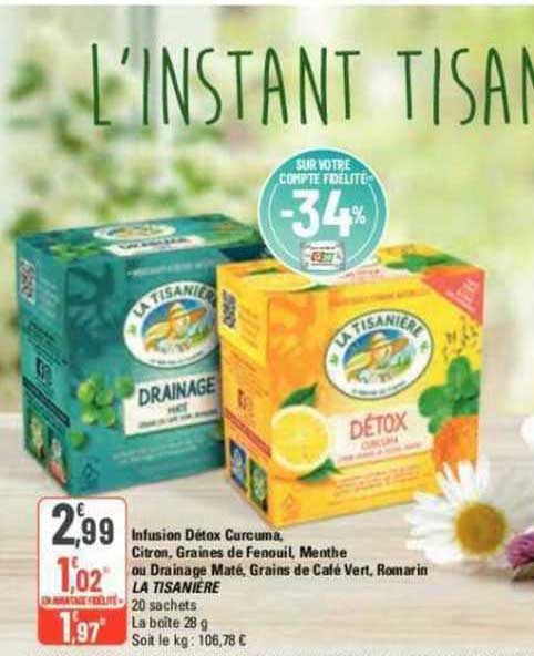 infusion détox curcuma, citron, graines de fenouil, menthe ou drainage maté, grains de café vert, romarin la tisanière