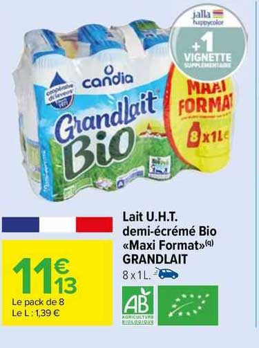 lait u.h.t. demi-écrémé bio «maxi format» grand lait