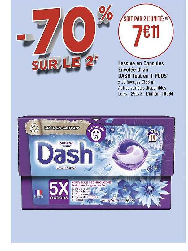 lessive en capsules envolée d'air dash tout en 1 pods