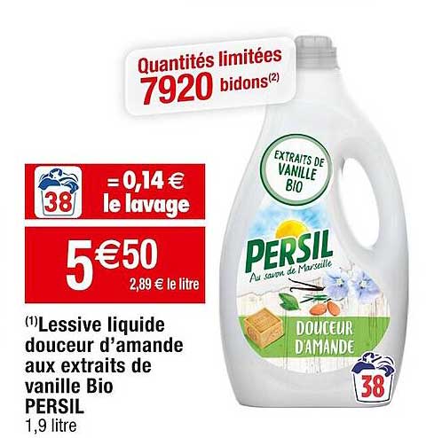 lessive liquide  douceaur d'amande aux extraits  de vanille bio persil