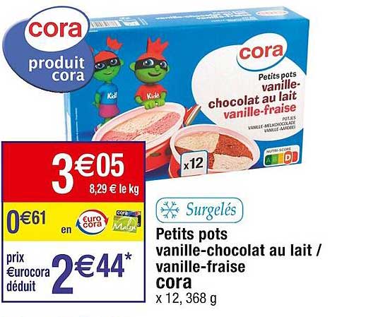 petits pots vanille-chocolat au lait/vanille-fraise cora