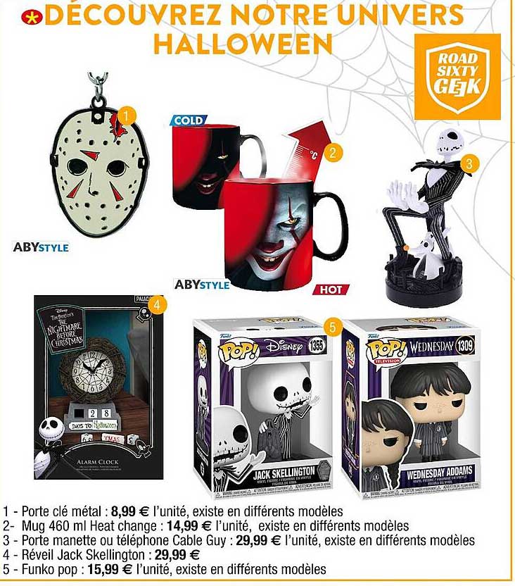 porte clé métal, mug 460 ml heat change, porte manette ou téléphone câble guy, réveil jack skellington, funko pop