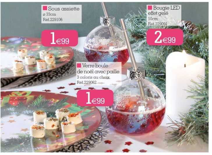 sous assiette, verre boule de noël avec paille, bougie led effet gelé
