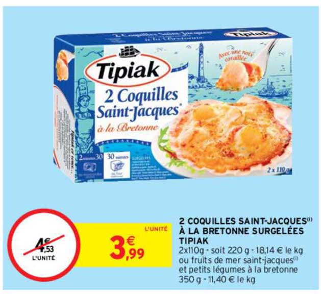 2 coquilles saint-jacques à la bretonne surgelées tipiak
