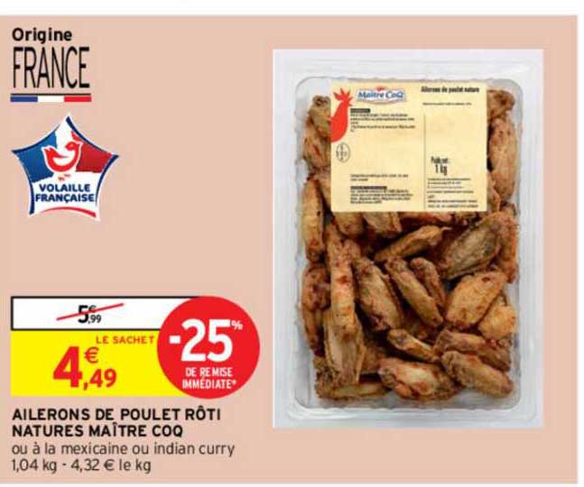 ailerons de poulet rôti natures maître coq -25% de remise immédiate