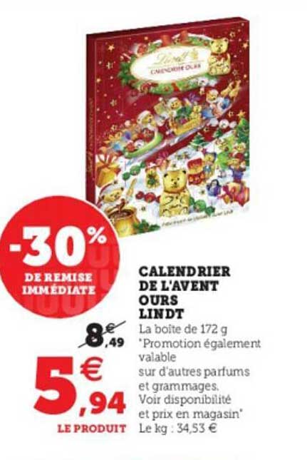 calendrier de l'avent ours lindt