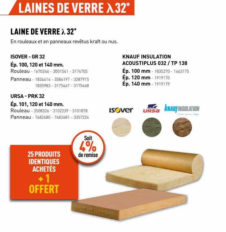 laine de verre 32 : isover - gr 32, ursa - prk 32, knauf insulation acoustiplus 032 - tp 138