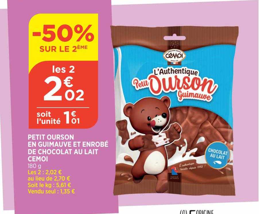 petit ourson en guimauve et enrobé de chocolat au lait cémoi