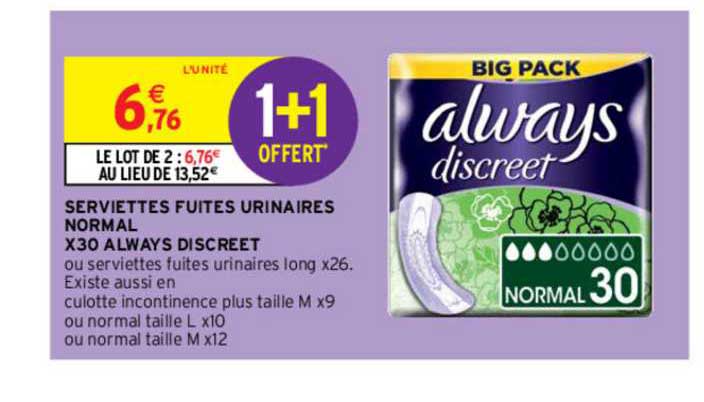 serviettes fuites urinaires normal x30 always discreet