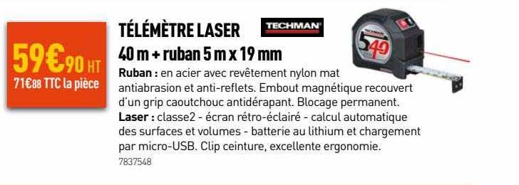 télémètre laser 40m + ruban 5m x 19 mm techman