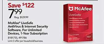 mcafee livesafe antivirus & internet security software, for unlimited devices 1-year subscription