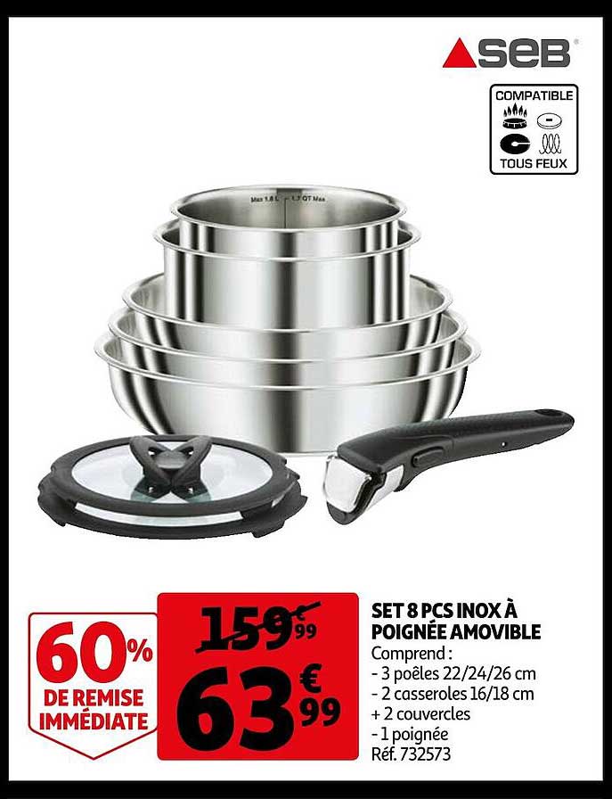 set 8 pcs inox à poignée amovible seb