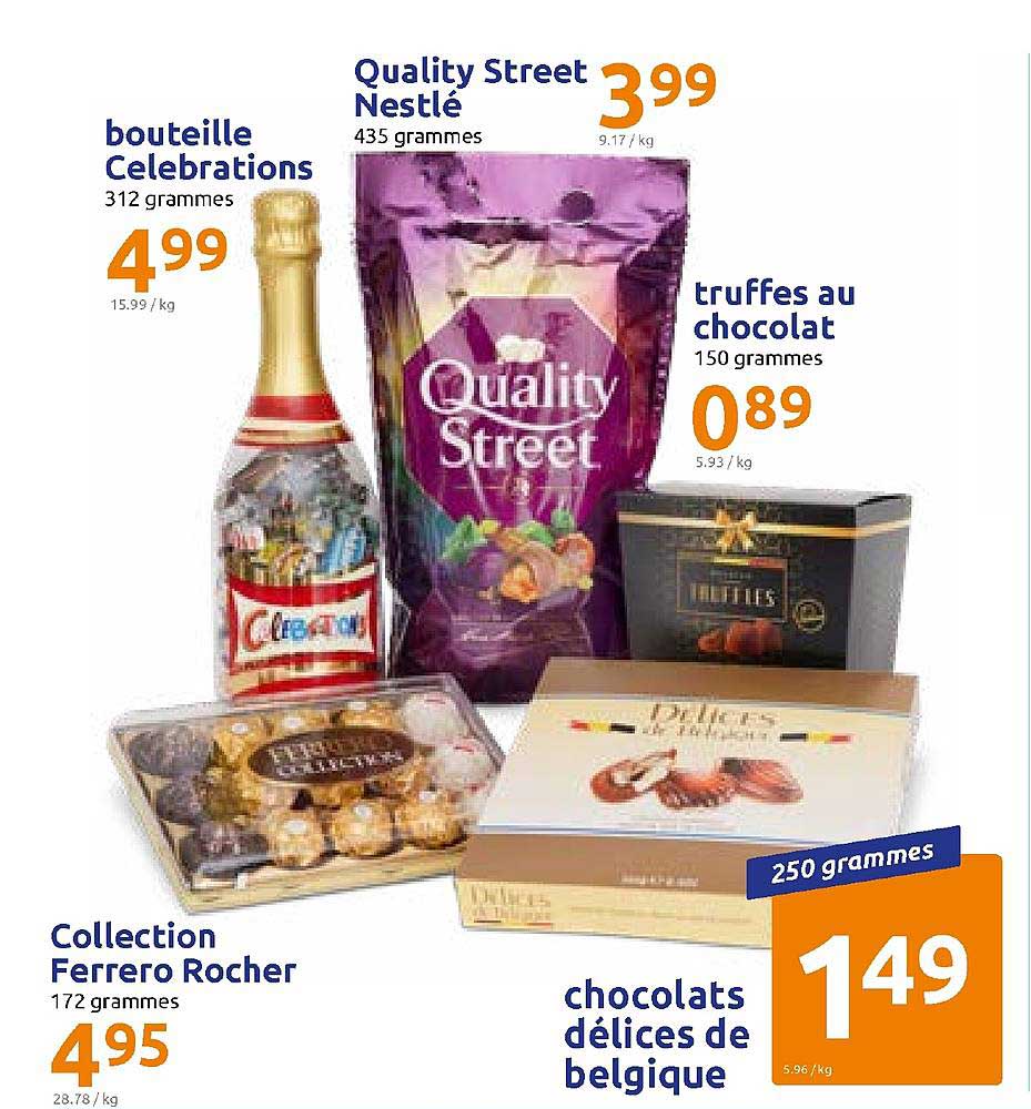 bouteille celebrations, collection ferrero rocher, chocolats délices de belgique, truffes au chocolat, quality street nestlé