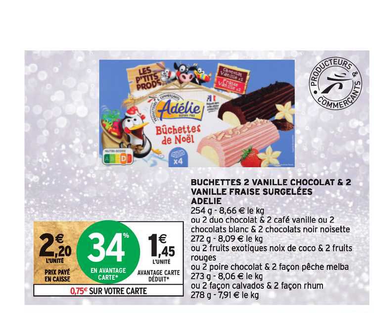 Buchettes 2 Vanille Chocolat & 2 Vanille Fraise Surgelées Adelie