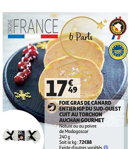 foie gras de canard entier igp du sud-ouest cuit au torchon auchan gourmet