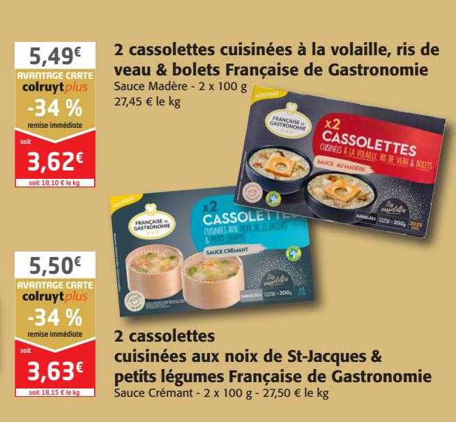 2 cassolettes cuisinées à la volaille, ris de veau & bolets française de gastronomie, 2 cassoulettes cuisinées aux noix de st-jacques & petits légumes
