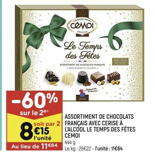 assortiment de chocolats français avec cerise à l'alcool le temps des fêtes cémoi