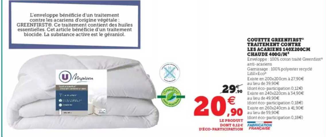 couette greenfirst traitement contre les acariens 140 x 200 cm chaude 400g-m²