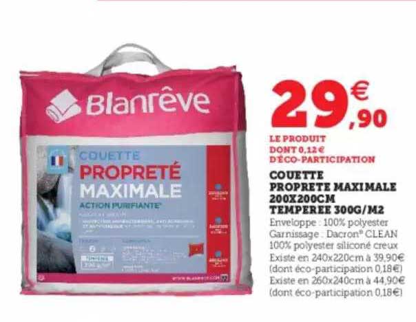 couette propreté maximale 200 x 200 cm tempérée 300g-m²