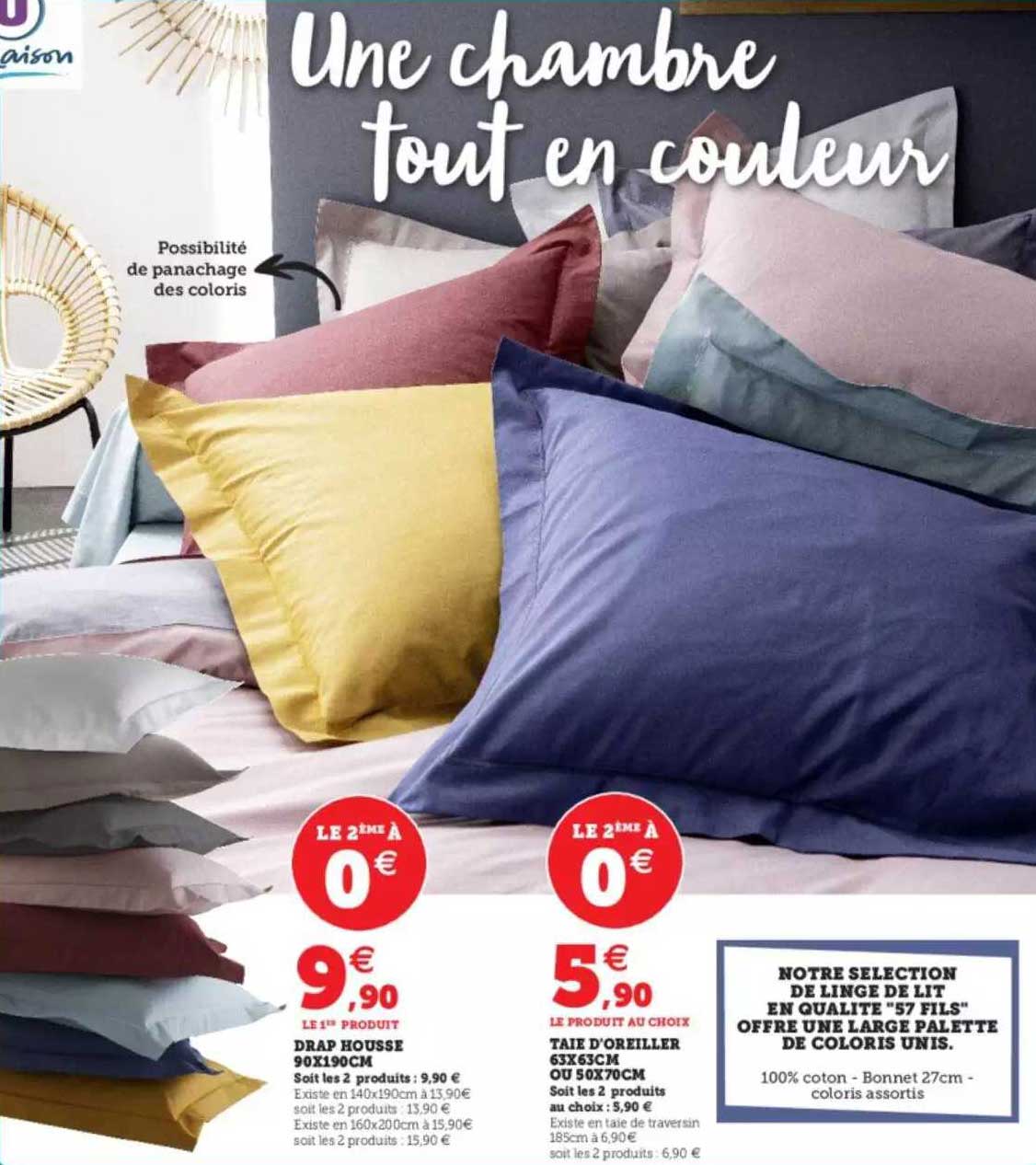 drap housse 90 x 190 cm, taie d'oreiller 63 x 63 cm ou 50 x 70 cm