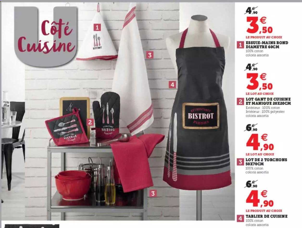 essuie-mains rond diamètre 60 cm, lot gant de cuisine et manique 20 x 20 cm, lot de 2 torchons 50 x 70 cm, tablier de cuisine