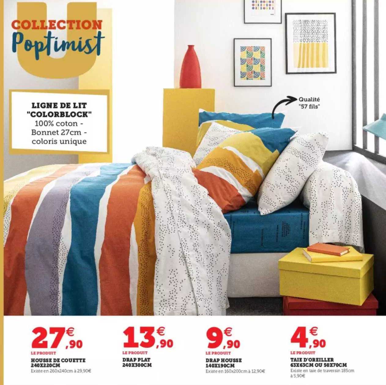 ligne de lit "colorblock" : housse de couette 240 x 220 cm, drap plat 240 x 300 cm, drap housse 140 x 190 cm, taie d'oreiller 63 x 63 cm ou 50 x 70 cm