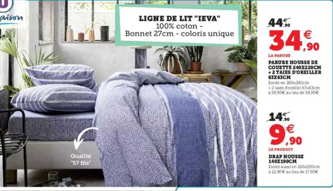 ligne de lit "ieva" : parure housse de couette 240 x 220 cm + 2 taies d'oreiller 63 x 63 cm, drap housse 140 x 190 cm