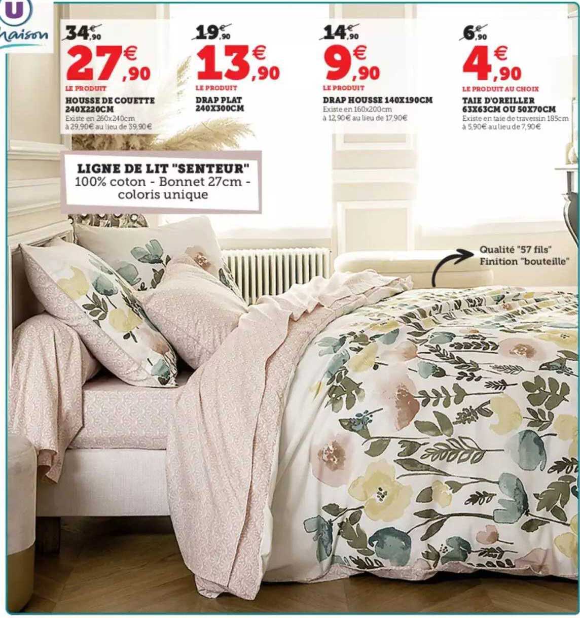 ligne de lit "senteur" : housse de couette 240 x 220 cm, drap plat 240 x 300 cm, drap housse 140 x 190 cm, taie d'oreiller 63 x 63 cm ou 50 x 70 cm