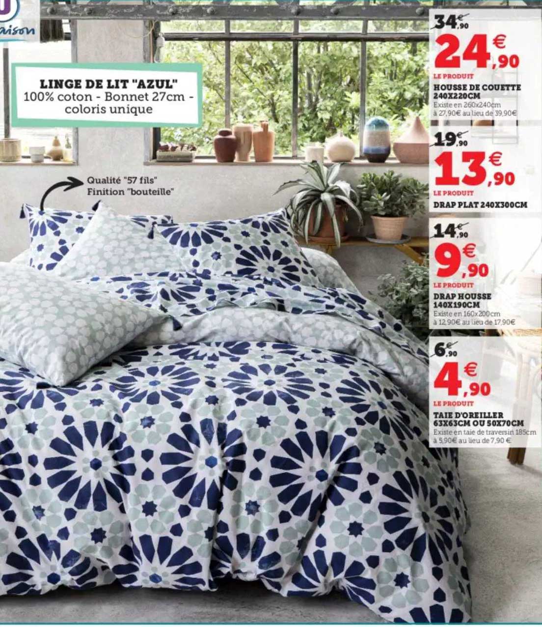 linge de lit "azul" : housse de couette 240 x 220 cm, drap plat 240 x 300 cm, drap housse 140 x 190 cm, taie d'oreiller 63 x 63 cm ou 50 x 70 cm