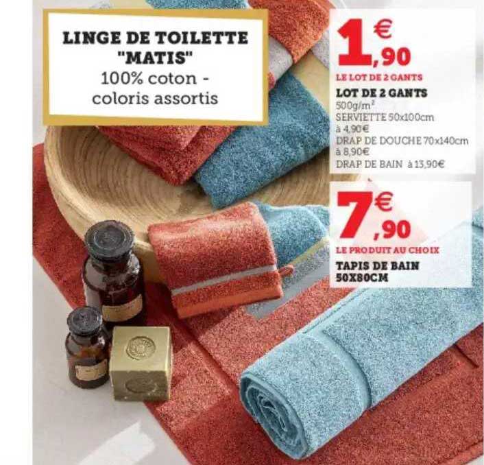 linge de toilette "matis" : lot de 2 gants, tapis de bain 50 x 80 cm