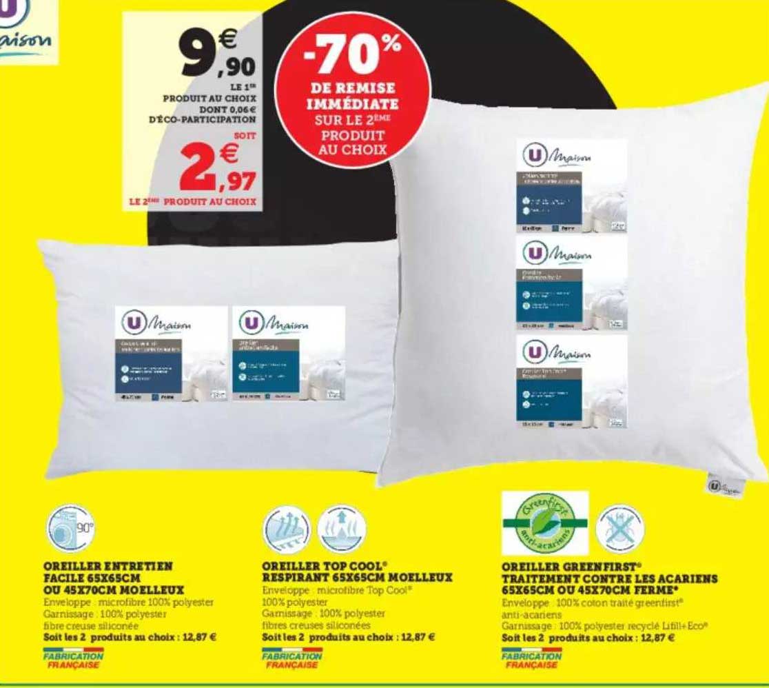 oreiller entretien facile 65 x 65 cm ou 47 x 65 cm ou 45 x 65 cm ou 45 x 70 cm moelleux, oreiller top cool respirant 65 x 65 cm moelleux, oreiller green first traitement contre les acariens 65 x 65 cm