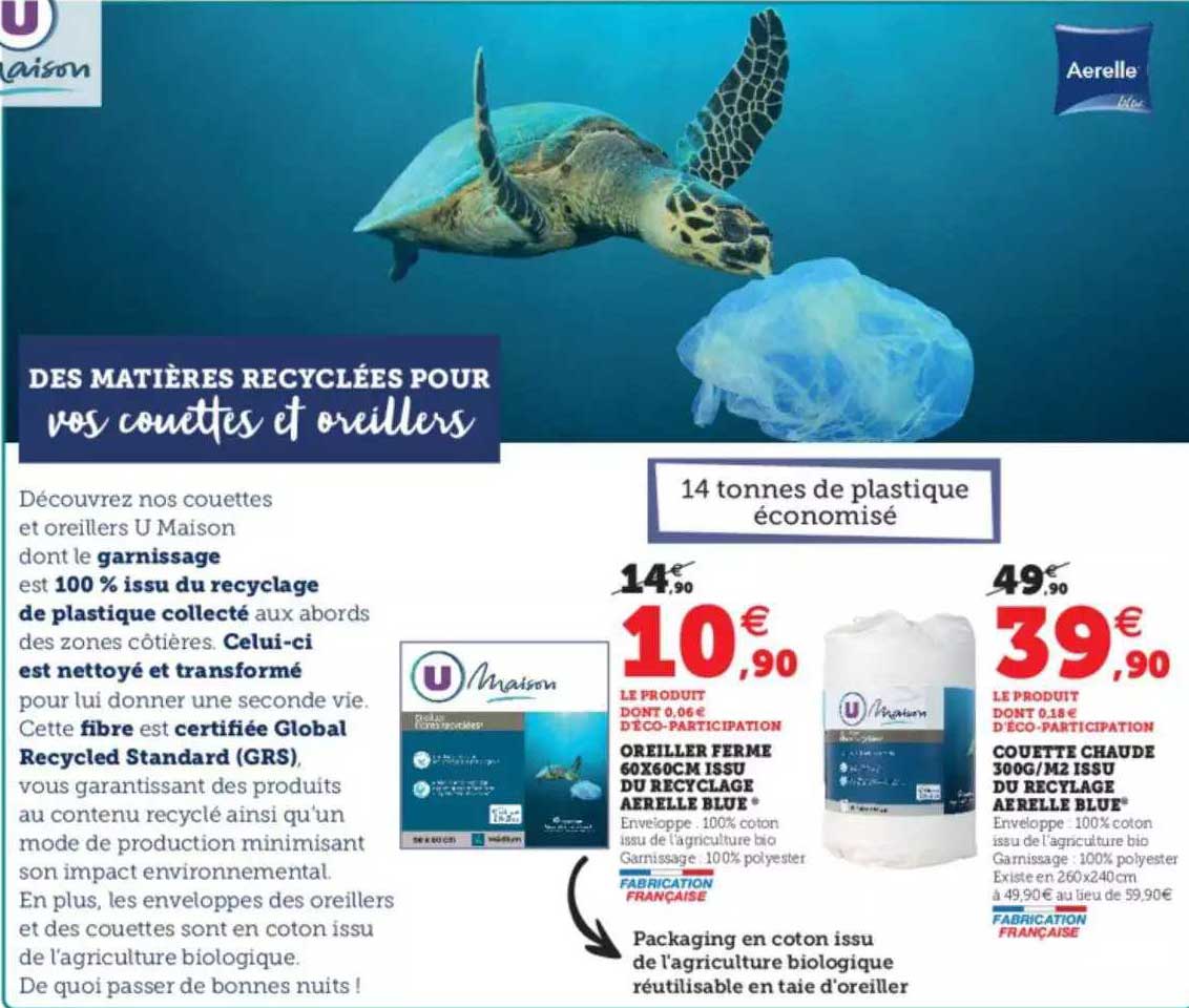 oreiller ferme 60 x 60 cm issu du recyclage aérelle blue, couette chaude 300g-m² issu du recyclage aérelle blue