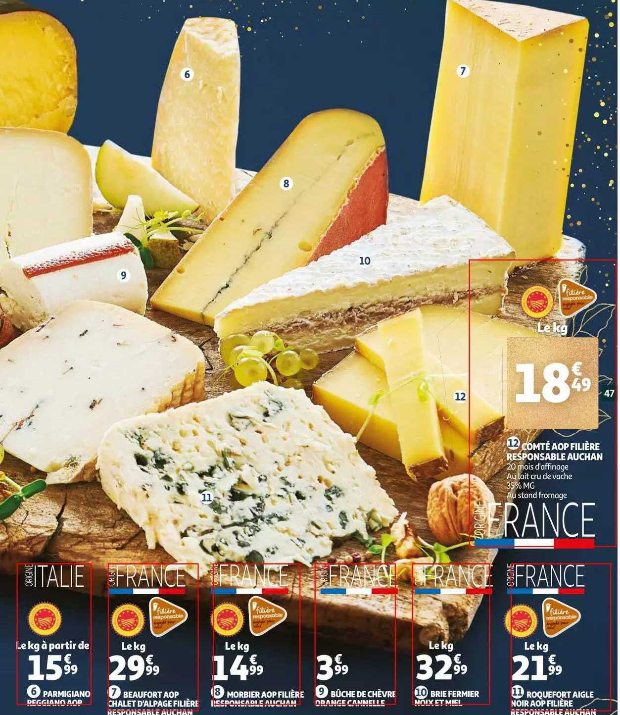 parmigiano regiano, beaufort aop chalet d'alpage filière, morbier aop filière responsable auchan, bûche de chèvre, brie fermier noix et miel, roquefort aigle noir aop filière responsable auchan, comté