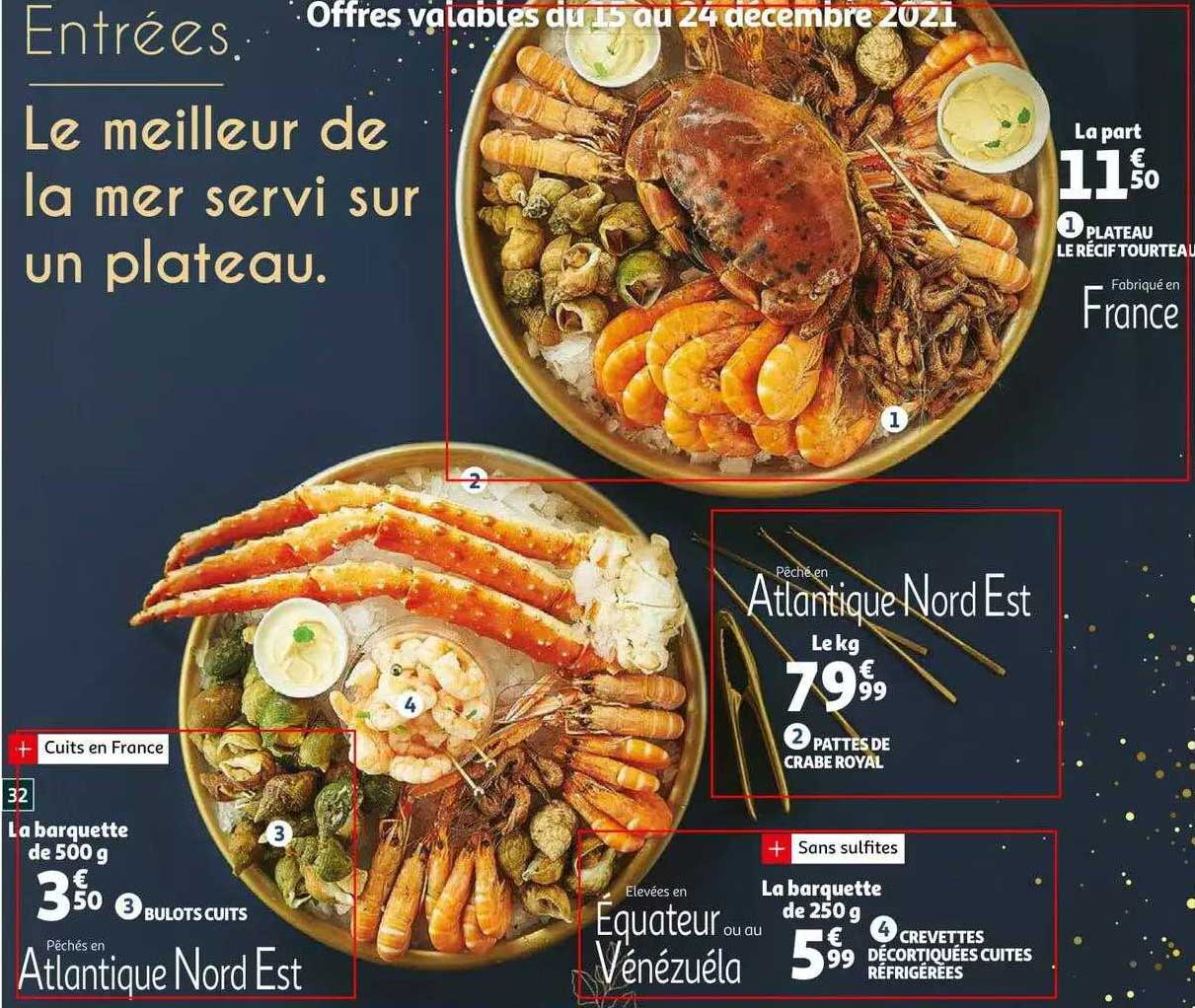 plateau le récif tourteau, pattes de crabe royal, bulots cuits, crevettes décortiquées cuites réfrigérées