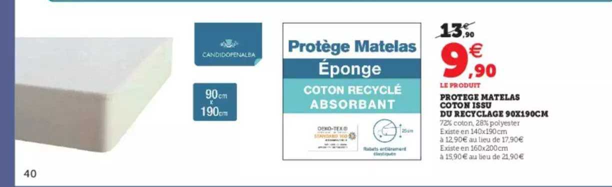 protégé matelas coton issu du recyclage 90 x 190 cm