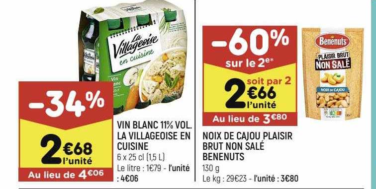 vin blanc 11% vol. la villageoise en cuisine, noix de cajou plaisir brut non salé bénénuts