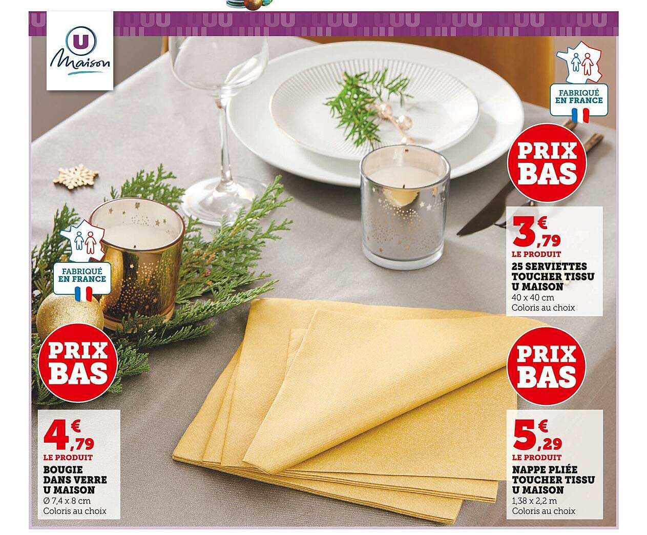 bougie dans verre u maison, 25 serviettes toucher tissu u maison, nappe pliée toucher tissu u maison