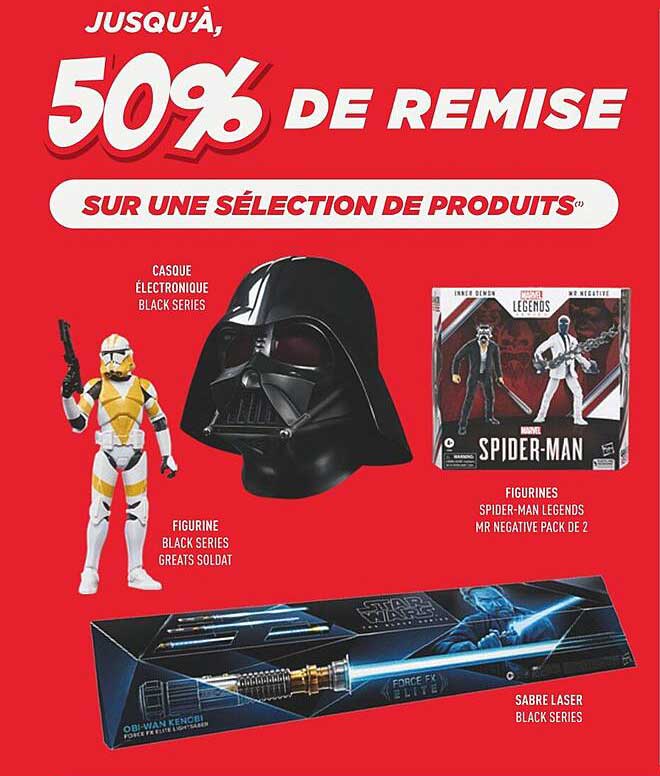 casque électronique black séries, figurine black séries greats soldat, figurines spider-man legends mr negative pack de 2, sabre laser black séries