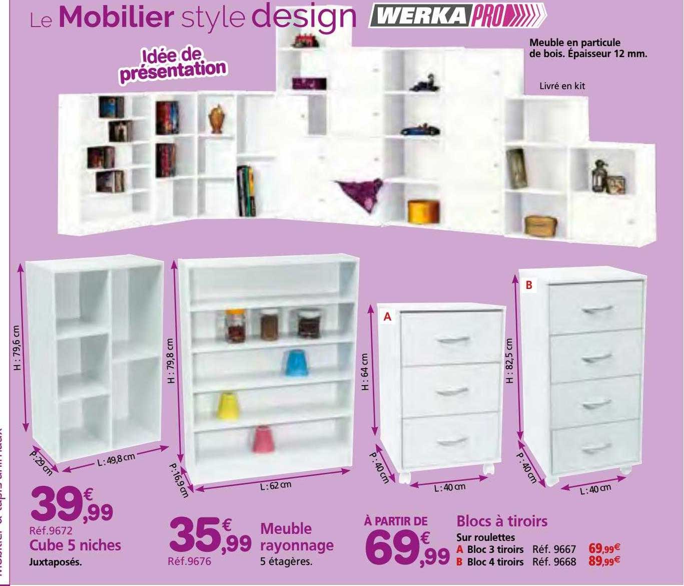 cube 5 niches, meuble rayonnage, blocs à tiroirs werak pro